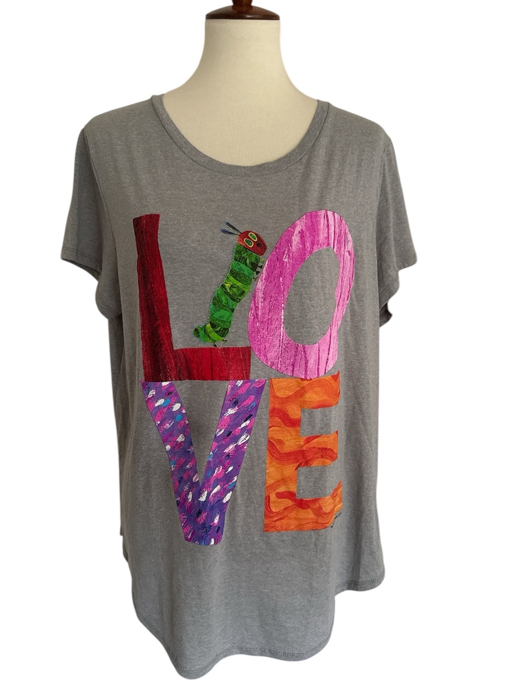 Out of Print Caterpillar Love Gray Cotton Blend Tee Plus 2X